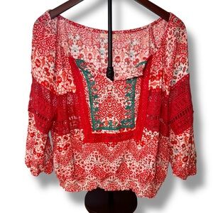 Anthropologie Hazel‎ Red and White Floral Patterned Embroidered Blouse Sz L EUC